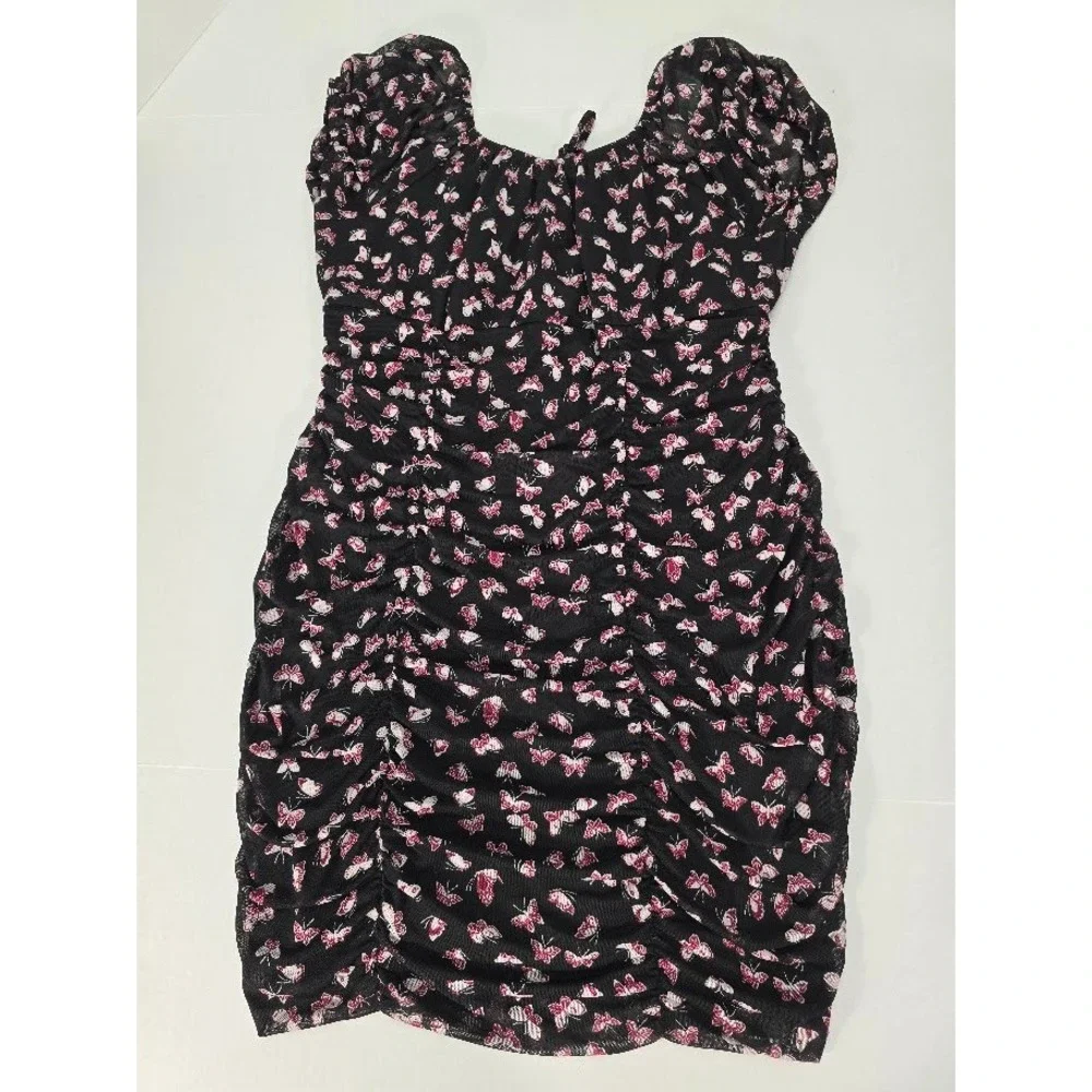 Ultra‎ Flirt Women's XS Bodycon Mini Dress Black Pink Butterfly Print Ruched XL